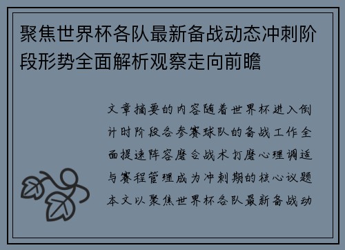 聚焦世界杯各队最新备战动态冲刺阶段形势全面解析观察走向前瞻